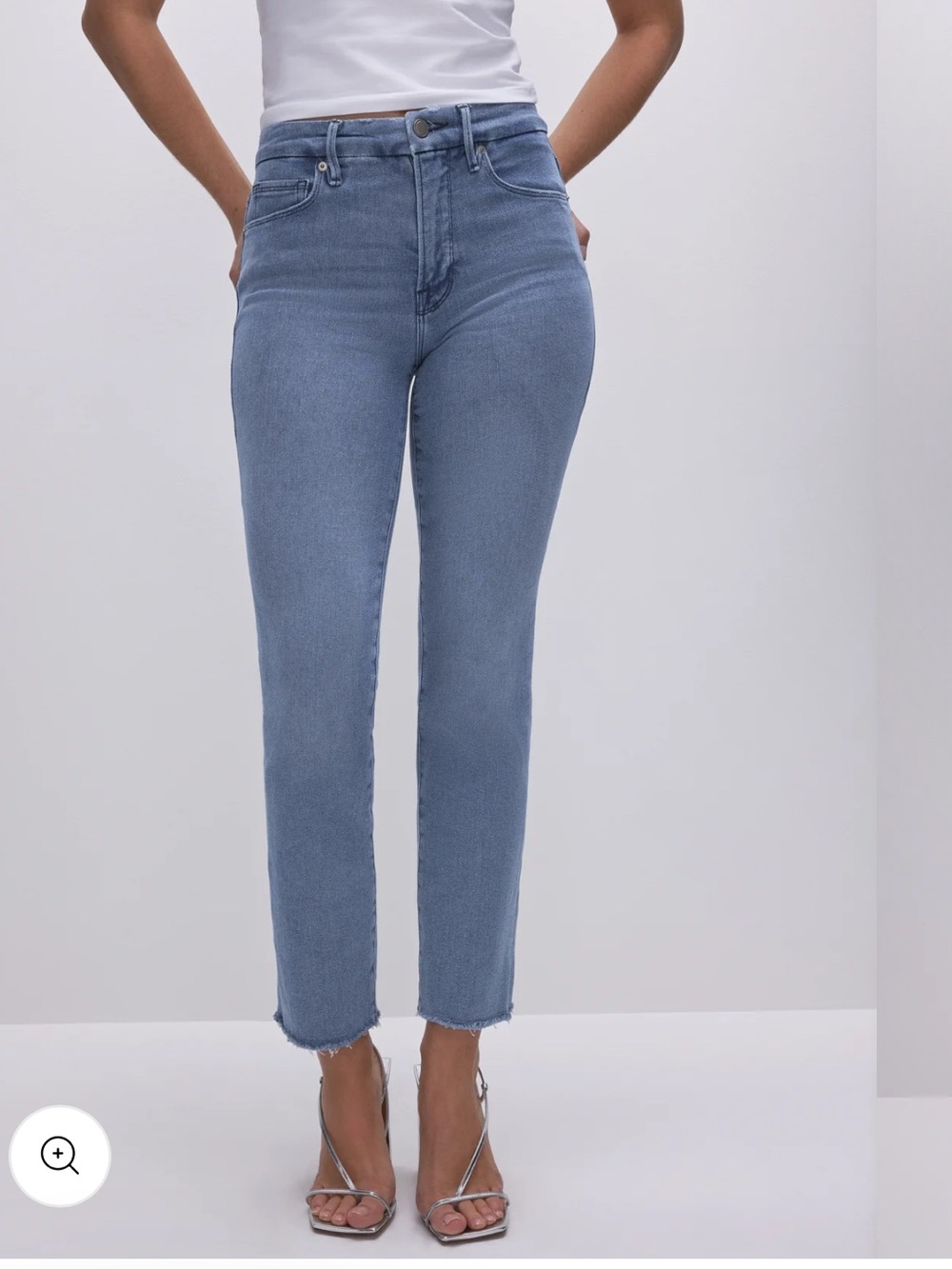 Good American Straight Leg High-Rise Jeans in Light Blue Denim